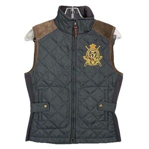 Ralph Lauren Sport Vest Women S Black Quilted Equestrian Jockey Crest Calf Suede